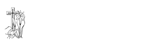 Schwarz-weiße Grafikelement-Zeichnung eines christlichen Kreuzes mit Lilien als dekorativer Header-Banner des Bestattungshauses Schulte Nordholt